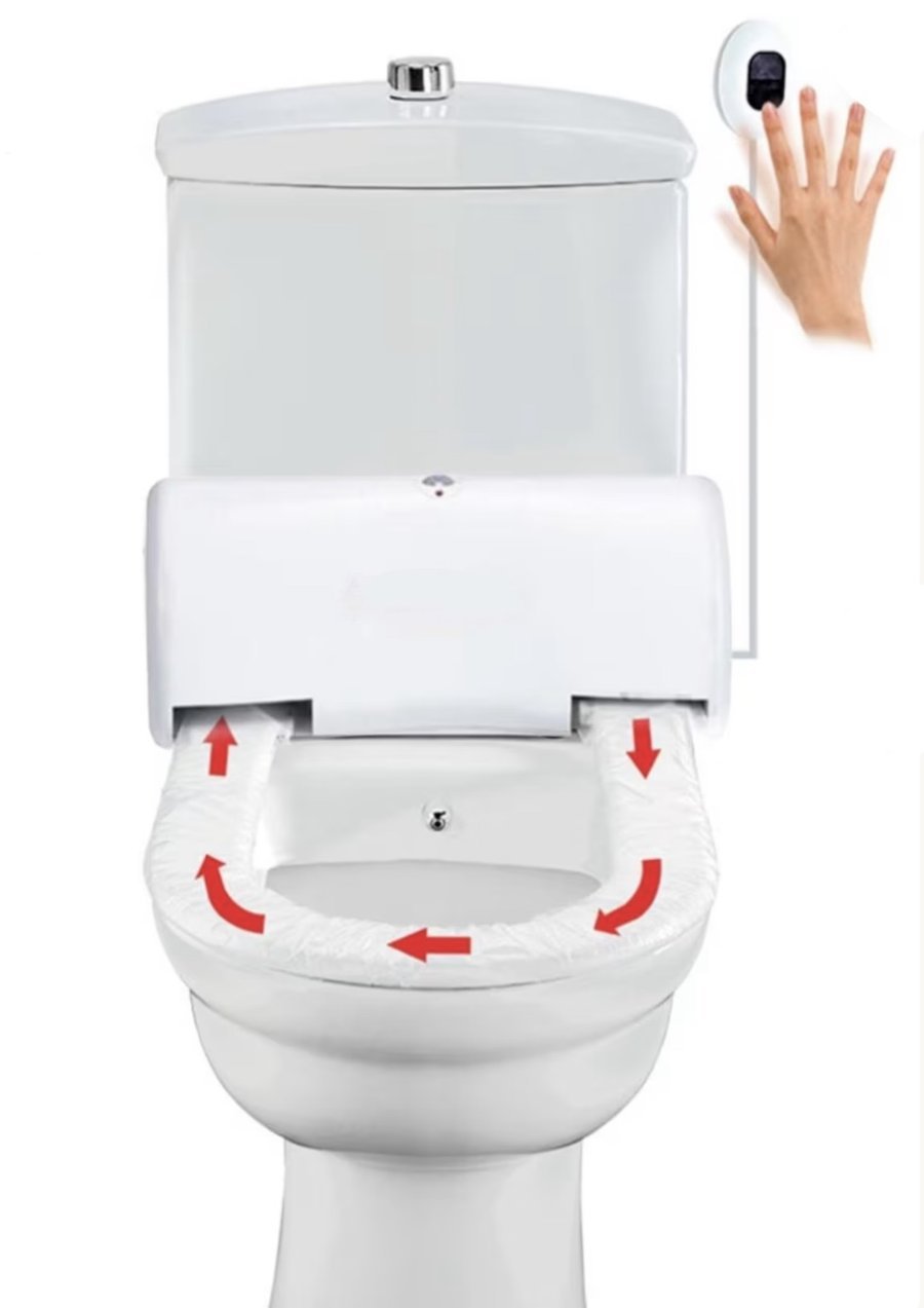Schematische weergave van het Saniqo-systeem: een dispenser boven de wc-bril trekt automatisch een hygiënische laag rondom de bril, geactiveerd via een handsensor